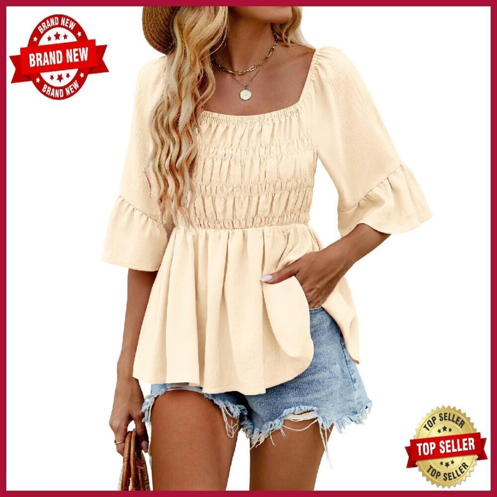 Women's 3/4 Sleeve Peplum Blouse Square Neck Ruffle Sleeve Summer Top